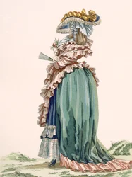 デュパンが刻印した婦人服の背面図、「Galeries des Modes et Costumes Francais」c.1778-87 99：clothing;伝統的なドレス;伝統的な衣装;ファッション;